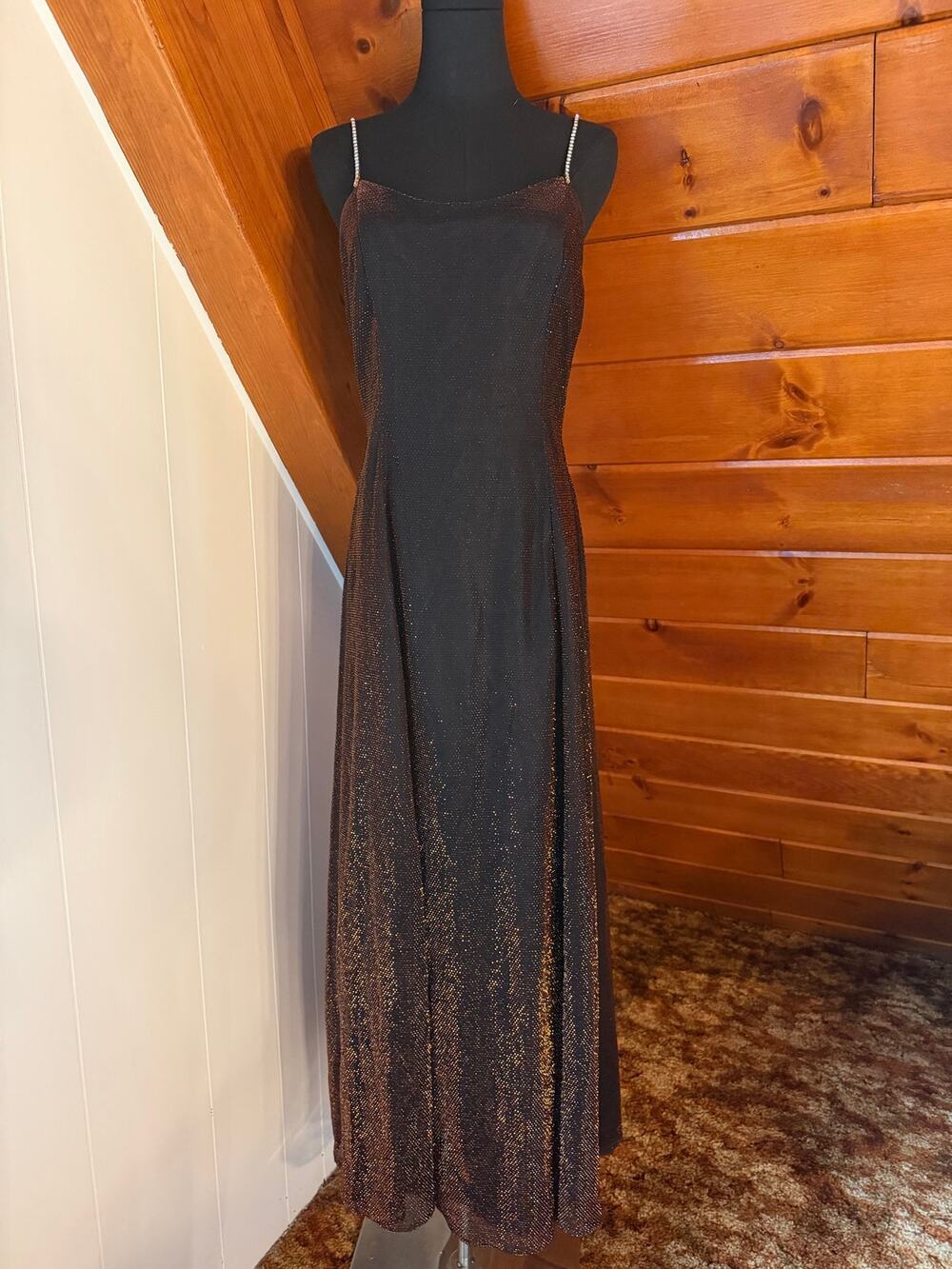 VTG 90s Scott McClintock Bronze Shimmer Prom Gown Rhinestone Strap Maxi Dress